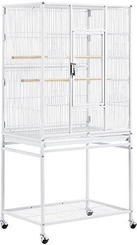 Yaheetech Grande Cage/Volière Oiseaux avec Support Détable à roulettes Cage pour Perroquet Gris du Gabon Canaris Parakeet Calopsitte élégante Pinson 65,5 x 42,5 x 136,5 cm Blanc