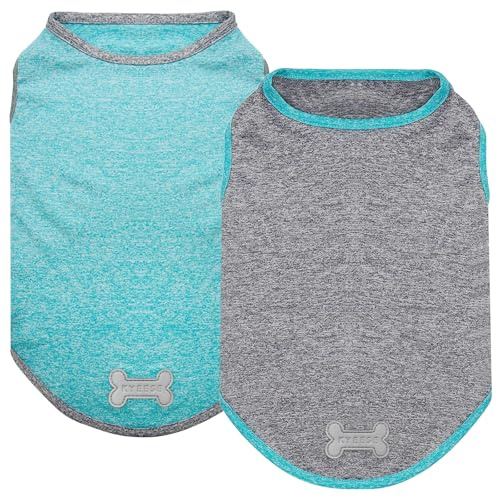 KYEESE 2 Pack Sun Protection Dog Shirts Quick Dry Soft Stretchy Dog T-Shirts with Reflective Label Tank Top Sleeveless Vest Pet Clothes for Small Pet, Large, Grey+Blue