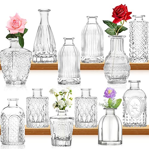 Kleine Glasvase Knospenvase Großpackung Set mit 12 Mini-Vintage-Blumenflaschen Zarte Glasblumenvase Verschiedene Größen für Blumenarrangements, dekorative Tischdekoration, Hochzeitsfeier zu Hause