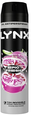 Lynx Epic Fresh Anti-Perspirant Aerosol Men's Deodorant Spray with ProScent technology and a grapefruit & tropical pineapple scent for 72 hours protection against odour and wetness 250 ml