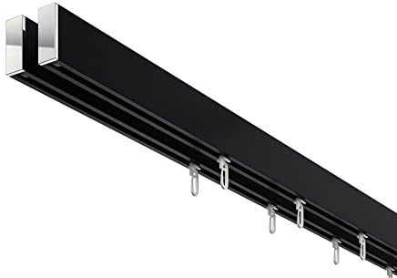 DécoProfi Gardinenstange Innenlauf 2-läufig Set rechteckig Above Schwarz/Verchromt I Länge: 200cm Aluminium für Deckenmontage I Als Gardinenschiene & Vorhangstange geeignet