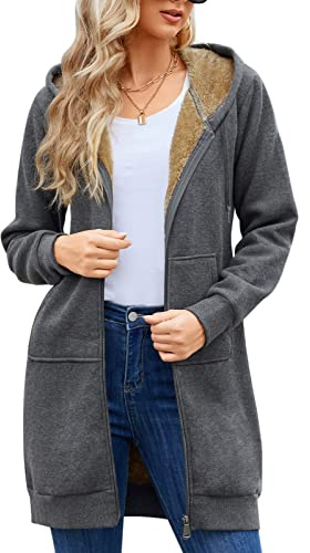 Nadeer Damkappa, plyschjacka med huva, långa fodrade huvtröjor, plysch, dragkedja, medellång, avslappnad, varm, fleece, sweatshirt, vinter, överdimensionerad, långärmad, stretchig jacka med fickor, Mörkgrå, XL