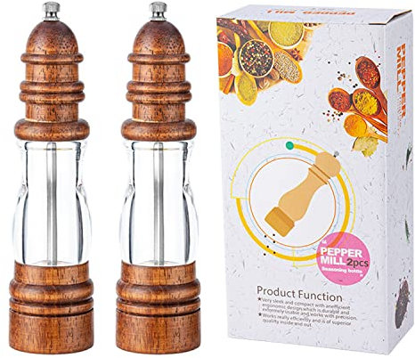 Salz und Pfeffermühlen Set Massives Holz Leuchtturm Design Nachfüllbare Manuelle Kräuter Gewürzmühle mit Sichtbarem Acrylfenster für Küche Hause, 5,5 X 22 Cm