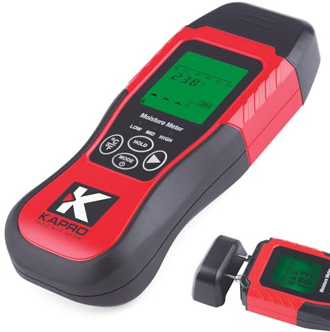 Kapro - 379 Moisture Meter with Temperature Detection - Measures Wood Moisture and Temperature in Fahrenheit and Celsius - Features 8 Calibration Scales - Back-Lit Display & Auto-Power Shut Off