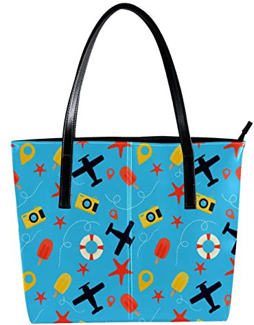 Schultertasche Leichte Freizeit Schultasche Lehrertasche Handtasche Geldbörse Reise Eis am Stiel Flugzeug Seestern Kamera Blau, Mehrfarbig