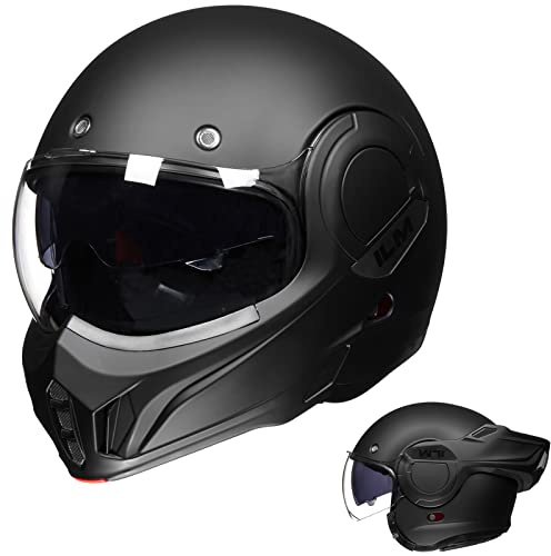 ILM Motorbike Motorcycle Helmet Full Face Modular Flip Up Vintage for Adults Men Women ATV UTV with 180° Reversible Chin Guard ECE Model-B707, Matte Black , M