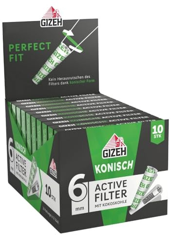 GIZEH konische Active Filter – Filter Aktivkohle 6-7 mm Durchmesser im 20er Pack á 10 Filter – Aktivkohlefilter slim mit Aktivkohle aus Kokosschale – Filter mit 25 mm Länge