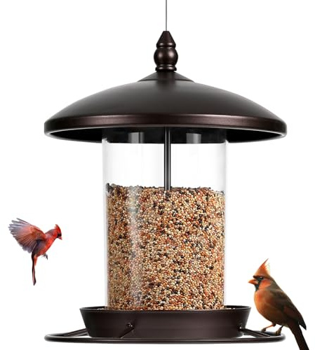 Metal Bird Feeder for Outdoors Hanging,3.0LB Seed Feeder,Easy to Fill & Clean,360° Feeding,Weatherproof Roof for Gardens and Wild Birds,Brown