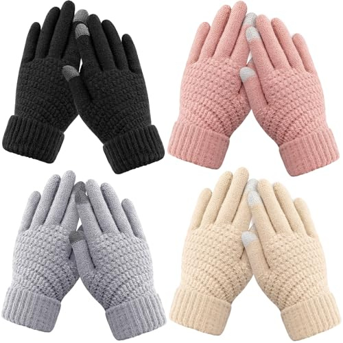 Trifabricy Womens Winter Gloves - Warm Soft Touchscreen Winter Gloves for Women, Elastic Cuff Knit Texting Glove for Cold Weather, 4 Pairs