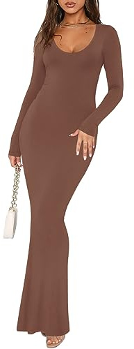 REORIA Women's Sexy Casual Scoop Neck Long Sleeve Lounge Long Dress Elegant Fall Wedding Guest Tight Ribbed Bodycon Maxi Dresses Coffee Small
