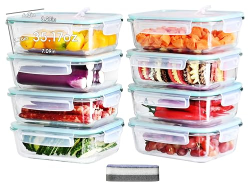LNWSN Meal Prep Boxen – 8x1040ML Frischhaltedosen | Glasschüssel Mit Deckel Aus Borosilikatglas | Mikrowellengeschirr Für Ofen/Gefrierschrank (-40°C~560°C) | 4-Punkt & LFGB/FDA