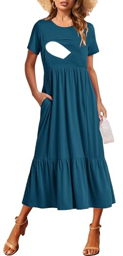 CzzzyL Womens Nursing Dresses for Breastfeeding Front Gathered Pleated Ruffle Maternity Summer Short Sleeve Cocktail Clothing with Pockets(Blue,Medium)
