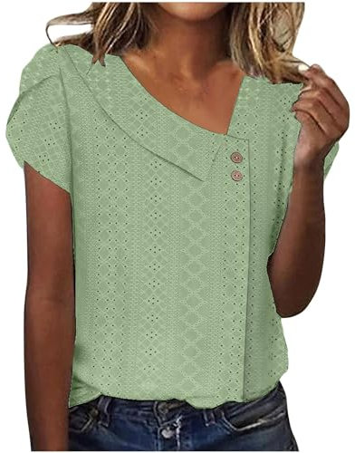 HOOUDO Sale Angebote Damen-Sommeroberteile, kurzärmelig, V-Ausschnitt, Hemden, Knopfleiste, Ausgehen, Blusen für Damen, elegant, lässig, 2024, Trendige Kleidung Kurzpull Meine Bestellungen Anzeigen