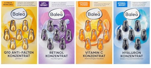 Balea Konzentrat Set mit 28 Kapsel, 4 verschiedene Konzentrate Probierpaket Geschenkset, Retinol, Vitamin C, Hyaluron, Q10 Anti-Falten (4x7 Stück), 28 Anwendungen