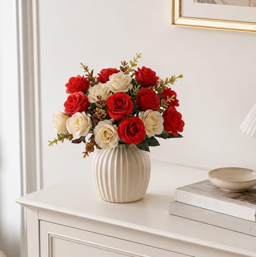 astylishome Artificial Flowers Roses Fake Floral Bouquets Red and Yellow for Wedding Decorative Home Birthday Party Decoration Garden Decor for All Occasions 0101