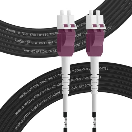 FLYPROFiber Gepanzerte OM4 Multimode LC zu LC LWL Glasfaser Patchkabel 50M | 50/125um, Glasfaserkabel Outdoor Uniboot Duplex Kabel 10GB/40GB100G, 10m-200m, 3mm LSZH