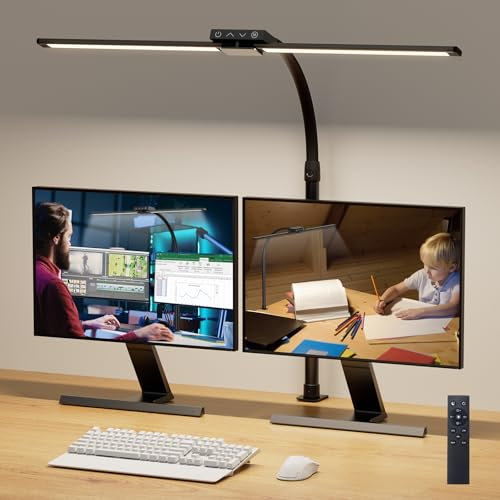 VUENICEE Doppelkopf Schreibtischlampe LED,Tischlampe Dimmbar mit Fernbedienung,20W Schreibtisch Lampe Klemmleuchte Bürolampe, 5 Farb & Helligkeitsstufen, Verstellbare Schwanenhals