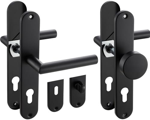 Stahlia Langschild Drückergarnitur Edelstahl gebürstet EMILIA SCHWARZ-MATT | PZ - Profizylinder mit Knauf | Türbeschlag für Innentüren, Eingangstüren für Türstärke 20 – 47 mm | Befestigungsmaterial