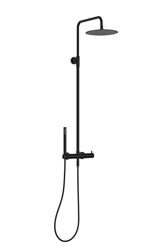 Marwell Duschsäule matt schwarz mit mechanischer Armatur – Duschsystem mit Messing Handbrause, verstellbarer Duschstange 880–1180 mm, flexiblem Brauseschlauch, Regendusche