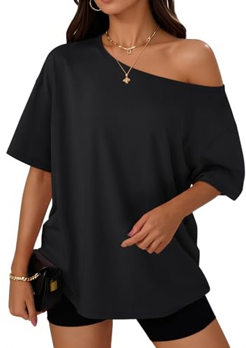 Trendy Queen Womens Off the Shoulder Tops Oversized T-Shirts Short Sleeve Tees Summer 2026 Casual Spring Clothes Workout Gym Y2k Cute Going Out Plus Size Fashion Clothing Black 2XL
