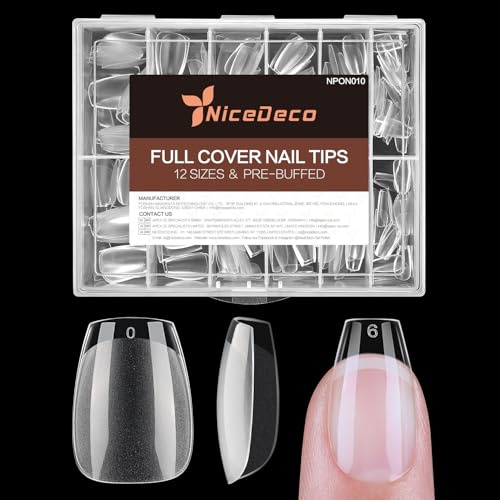 Nicedeco 216 Pièces Capsule Americaine Ongle Amande Cercueil Court, 12 Tailles Faux Ongles Transparent Couverture Complète Semi Givré Soft Gel Nail Tips pour Nail Art avec Boîte 10