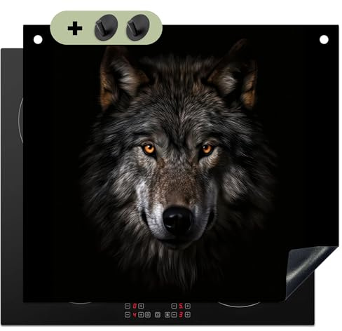 KitchenYeah© Herdabdeckplatte Einteilig Herdabdeckung Abdeckplatte | 60x52 cm - Ceranfeld Abdeckung Induktionskochfeld, Spritzschutz Küchenrückwand Wildtiere - Wolf - Porträt - Schwarz