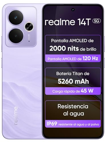 realme 14T 5G Smartphone 8+256 Go, Chipset Dimensity 6300 5G, Écran Esport AMOLED 6,67 120 Hz, Super Grande Capacité 5260 mAh, Étanchéité IP69, Design Surf, Next AI, Violet Foudre (sans Adaptateur)