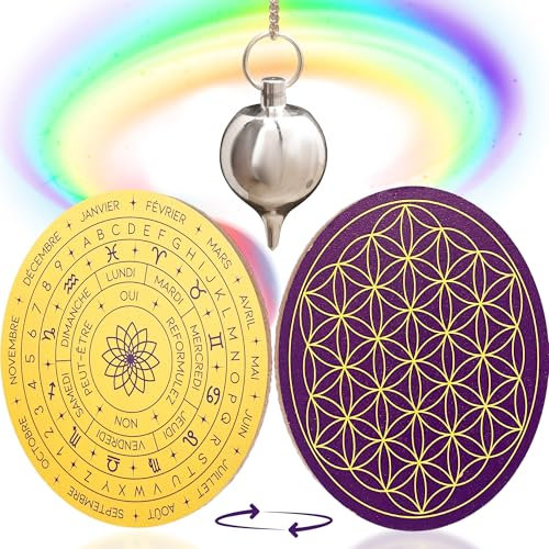 VIBRATIS Pendule Divinatoire en Forme de Goutte d'eau + Fleur de Vie en Bois pour Recharger Pierres et Pendules Divinatoires – Support avec Cadrans et Planche pour Pendule ⌀15 cm