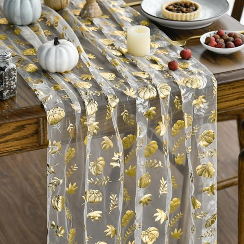 Artoid Mode Gaze Tüll Beige Gold Kürbisse Blätter Herbst Tischläufer 70x300 cm, Küche Tisch Dekoration Drinnen Urlaub Party Dekor