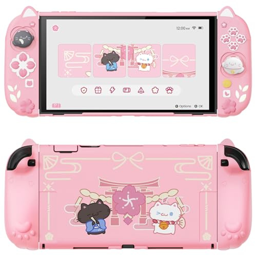 playvital pour Switch 2 Coque et Joycon Grips Cover Silicone-Rose | avec Capuchon Joysitck & Support pour Nintendo Switch 2 Console Accessoire Protection Étuis Housse Dockable-Chaton Cerisiers