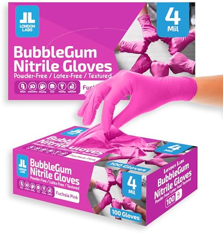 London Labs - Fuchsia Pink Nitrile Gloves - Disposable Latex Free & Powder Free - Pink Rubber Gloves - Beautician, Nail Supplies, Cleaning, Kitchen, Tattoo, Pack of (200 Count)