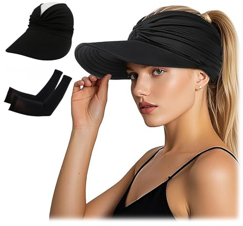 Sun Visors for Women, Adjustable Wide Brim Sun Hats with Cooling Arm Sleeves, Foldable Ponytail Beach Hat Summer UV Protection Outdoor Cap UPF 50+, for Daily Travel Running Sport Cycling Fishing