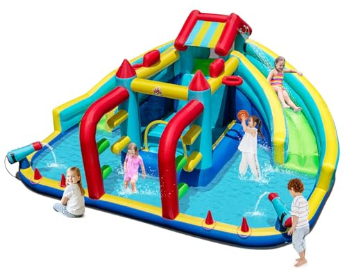 COSTWAY Inflatable Water Park, Giant Kids Bouncy Castle Jumper House with Dual Slides, Obstacle Course, Water Cannons, Climbing Wall, Splash Pool, Ring Toss, 473 x 370 x 221cm (without blower)