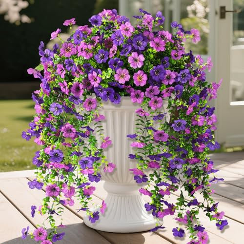 Homsunny Artificial Hanging Flowers for Outdoors 2 Pcs Fake Hanging Plant UV Resistant Faux Flowers for Home Patio Balcony Yard Porch Decorations