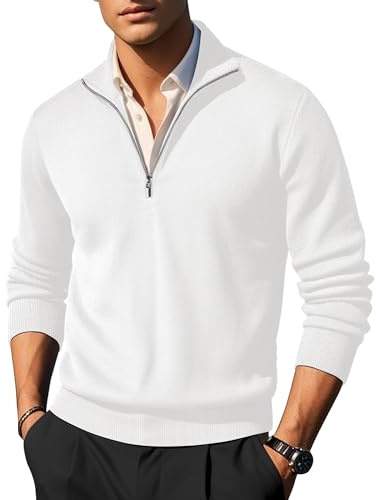 COOFANDY Maglione Dolcevita Uomo Maglione con Zip Maglione Invernale Maglioncino Maglia Collo Alto Pullover Moda Bianco S