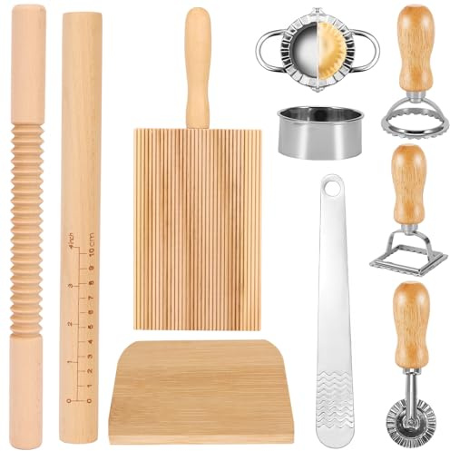 10 PCS Pasta Maker Set for Noodles Cookies Dumplings Ravioli | Manual Pasta Making Tools, Include Stamp Cutter, Gnocchi Board,Rolling Pin,Pasta Cutter, Complete Pasta Making Accessories