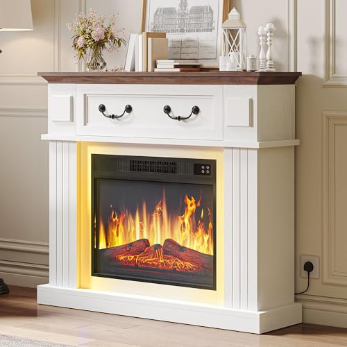 YITAHOME Electric Fireplace, White Electric Fire and Surround Fireplace Suite 38 with Programmable 7Day Remote Control Free Standing Modern Realistic LED Flame with Timer and 16 Color LED Light Strip