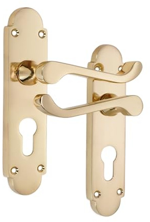 Infinity Decor Vintage Style Polished Brass Victorian Scroll Lever Euro Profile Door Handle on Shaped Backplate Set Passage Door Pulls – Suitable for Internal & Exterior Doors