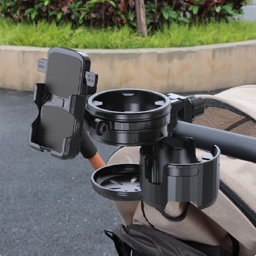 Soporte para teléfono 3 en 1, soporte multifuncional para cochecito con soporte de teléfono ajustable de 360°, portavasos para andador, silla de ruedas, cochecitos, antideslizante y fácil de instalar