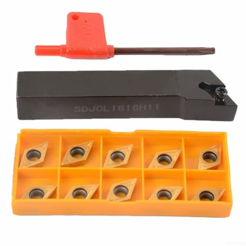 Volakebeing Pour SDJCL1616H11 Porte-outil de tournage externe 16 x 100 mm avec 10 inserts en carbure DCMT11T304 UE6020 et pour clé T15 pour usinage CNC, alliage à gauche