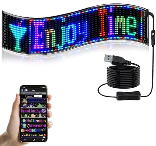 LED Laufschrift Programmierbar mit APP-Steuerung, Flexibles RGB LED Display für Auto Heckscheibe, Geschäft, Bar & Werbung, Individuelle Texte, Bilder, Animationen per Bluetooth erstellen, 12x59 cm