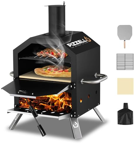 Four à pizza d'extérieur de 40,6 cm, grande machine à pizza au feu de bois avec pierre à pizza, pelle, grille de gril et couvercle pour camping et barbecue dans le jardin