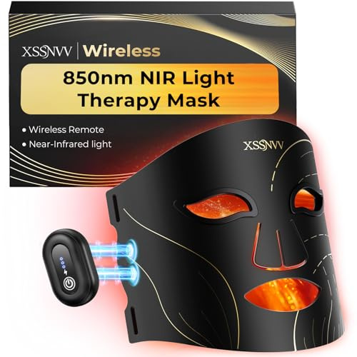 XSSNVV Masque LED Visage Sans Fil avec Refroidissement, 4 Modes Masque Luminothérapie Lumière Rouge & Infrarouge 850 nm, LED Mask, Télécommande, Autonomie 60 min, Réglable, avec Couvre-yeux, NVV02