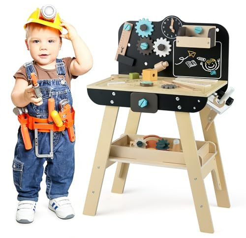 GOPLUS Banco de Herramientas de Madera para Niños, Taller de Bricolaje con Herramientas, Reloj Interactivo, Pizarra, Almacenamiento Amplio, Juego de Imitación para Niños y Niñas de 3+ Años