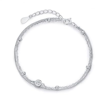 KnSam Echt Goldschmuck 14K 585 Weißgold Armbänder Damen, Doppelte Schicht Kette Armreifen mit Labor Erstellt Diamant, Armreif Au585 Gold, 17+5cm