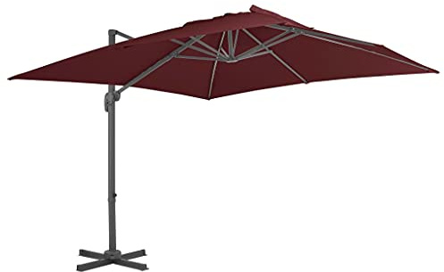 Parasol déporté avec mât en aluminium revêtu par pulvérisation, 400 x 300 cm, rouge bordeaux, protection solaire, protection UV, inclinable à 360 °C, parasol de jardin stable rectangulaire