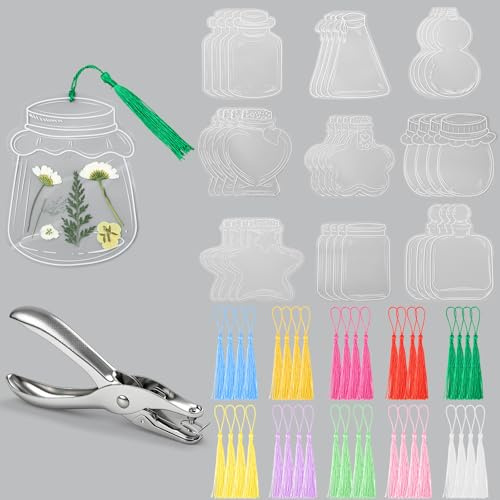 Tallew 81 Pcs Transparent Dried Flower Bookmarks Set Include 40 Clear Floral Bookmark Beautiful DIY Dried Flower Bookmarker with 40 Bookmark Colorful Tassels and Puncher for Reader (Retro Style)