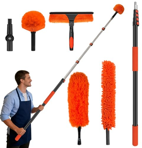 Yalitrca 3.6m Staubwedel Teleskop Waschbar, Teleskopstange Fensterreinigung, Staubwedel Lang Ausziehbar, Spinnwebenbesen mit Teleskopstiel für Decken und Wände, Gelb, Deckenventilatoren