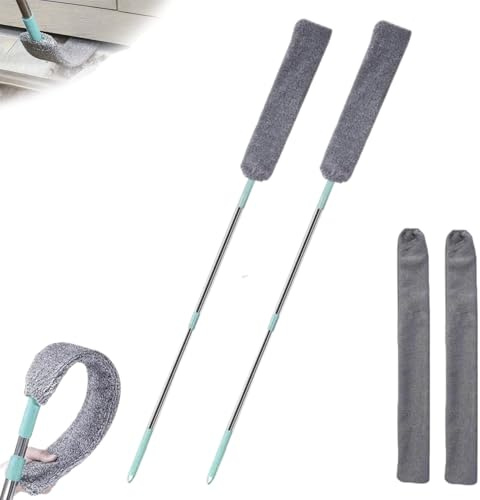 2 Piezas Cepillo Limpieza De Polvo con Varilla Telescópica, Plumero Plano De Microfibra con Paños para El Polvo Reemplazables, para Limpiar Debajo Electrodomésticos, Muebles, Sofás, Zonas Difíciles