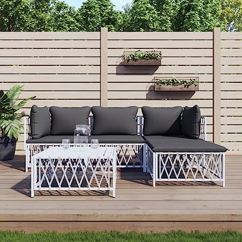 YunCangg 5-delad trädgård loungeset vit med kudde av pulverlackerat stål och textil, väderbeständig sittgrupp för terrass balkong, inklusive bord, soffa, pall, perfekt för utomhus och veranda